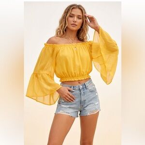 Shine Star Belle Sleeve Yellow Off-Shoulder Ruffle Cropped Top Size Small